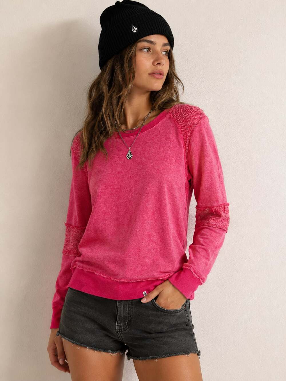 Volcom Lived In Women's Pink Raw-Edge Pullover Sweatshirt with Textured Sleeve